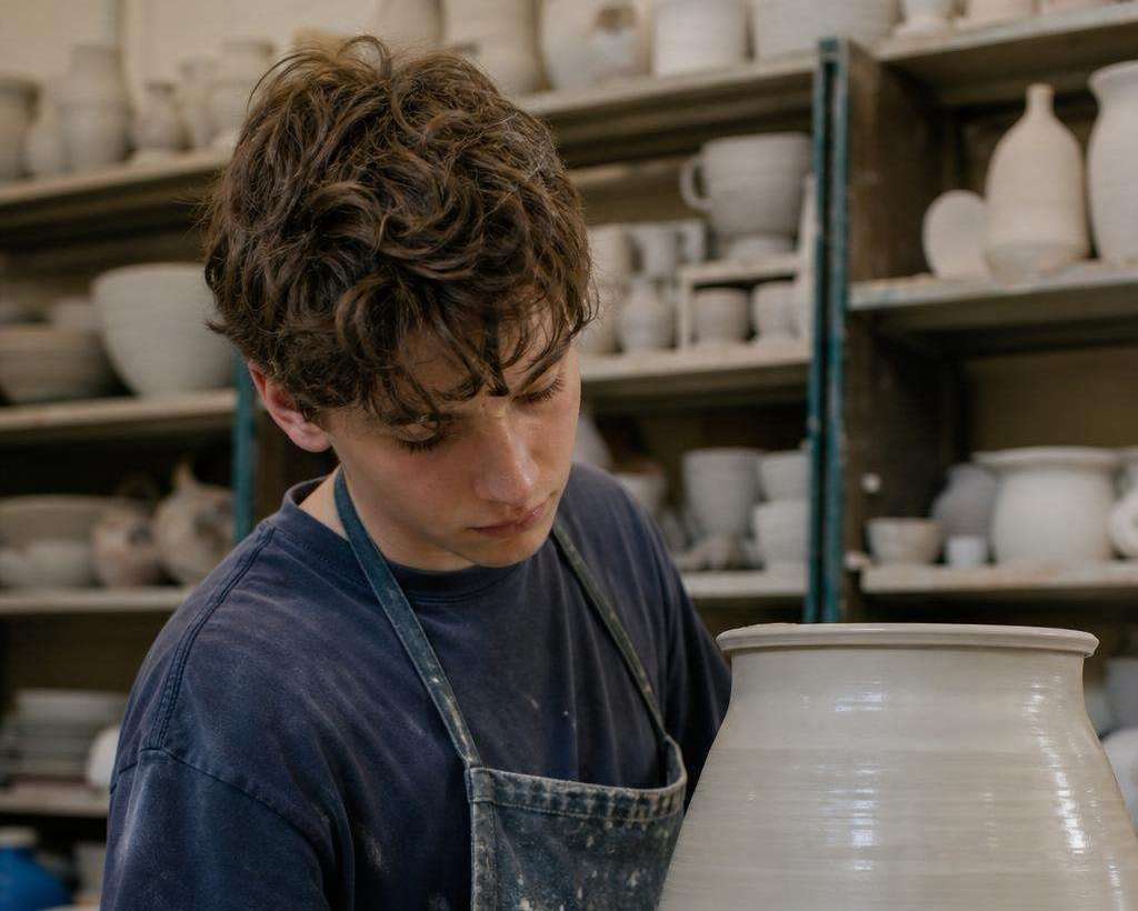 A student in an apron in front of shelves of unfired pots